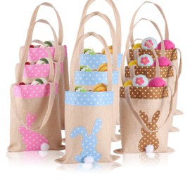 HDLJIAL 9 Pcs Easter Burlap Bags for Kids Bunny Bags Jute Easter Baskets for Egg Hunts