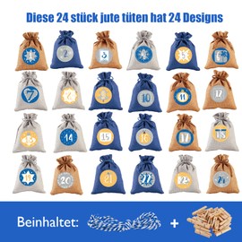 Advent Calendar for Filling, Printed Christmas Calendar, Jute Bags, 24 Large Jute Bags Chain to Fill Yourself and Hang, 2024 Gift Bags for Children (Blue)