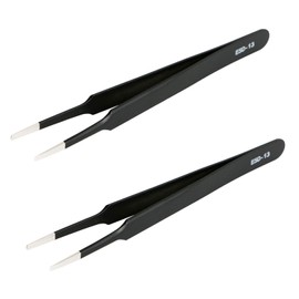 Aoje-Link ESD-13 Professional Anti-Static Precision Technology Tweezers, Non-magnetic Flat and Round, Stainless Steel Plastic Coated, Full Length 120mm, Black, 2pcs