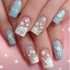 Light Blue Press on Nails Medium Square SWEKKE Flower Fake Nails Cute False Nails with White Floral Glitter Designs Glossy Glue on Nails Acrylic Nails for Women Girls 24Pcs