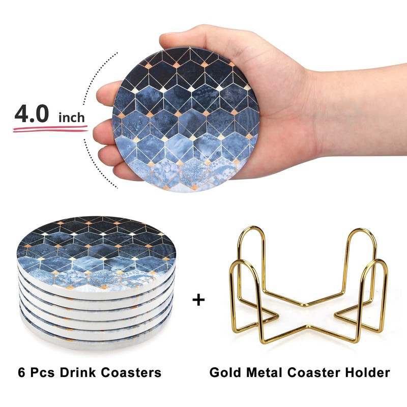 Vibiliyou Absorbent Coasters Blue Cube Coasters with Gold Holder Round
