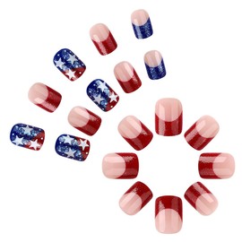 24 Pcs Star Independence Day Press on Nails Short Square French Tip Fake Nails with Glitter Designs 4th of July Patriotic False Nail Tips Red Blue Glue on Nails 4 of July Nail Supplies for Women