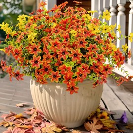 Mutcolor 12 Bundles Faux Fall Flowers Artificial Mums for Outdoors Fake Plants UV Resistant for Planters Pots Garden Outside Front Porch Patio Hanging Basket Home Autumn Decoration (Orange+Yellow)
