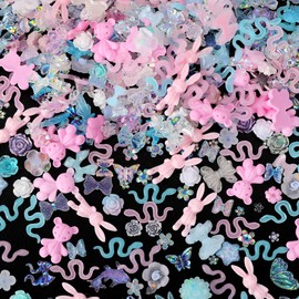 COOSLIM 110 Pieces 3D Nail Charms for Acrylic Nails, Camellia Rose Flower Butterfly Bowknot Heart Bear Rabbit Star Charms for Nail Art Designs DIY Accessories Craft(Pinkblue)