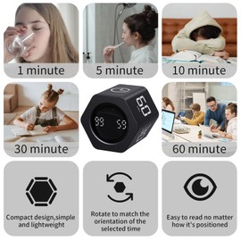 LUCKY TIME Productivity Pomodoro Timer,Hexagon Cube Timer,1/5/10/30/60 Minutes Countdown Timing,Sound & Mute & Vibrate,Gravity Sensor for Kitchen,Work,Study, ADHD (Black)