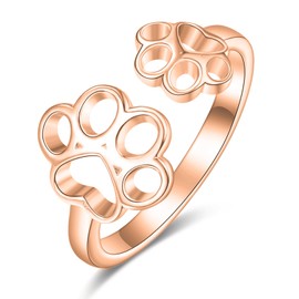 Dreamboat Paw Print Ring for Women 925 Sterling Silver Rose Gold Plated Cat Dog Paw Adjustable Open Band Rings Jewelry Gift for Pet Loves, Sterling Silver, No Gemstone
