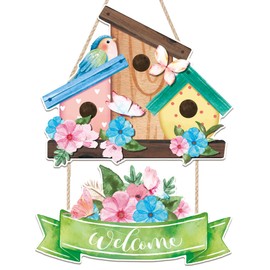 Ausril Spring Welcome Sign for Front Door,Spring Door Hanger,Birdhouse Wall Decor,Blooming Flowers Butterfly Wall Sign,Garden Floral Hanging Decor,Bird Wood Sign for Outdoor Home Porch Farmhouse Yard