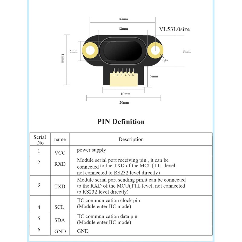 WitMotion WT-VL53L1 Laser Ranging Sensor, 4 meter measurement, 5-36V UART,