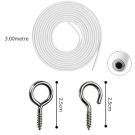 Lizzy 3 Metre Net Curtain Wire with nickel-plated steel sixteen Hooks and Eyes | Multi-Purpose Decoration Net Voile Curtain Wire Cable Cut to Any Size Length