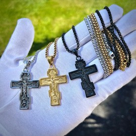 Stainless Steel Orthodox Cross & Necklace (3 Colors) - Color: Black, Chain Size: 24" 3 mm