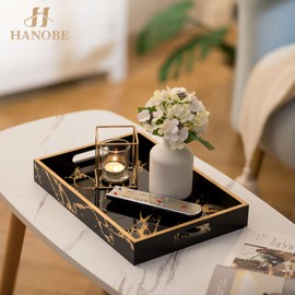 Hanobe Decorative Serving Tray Black: Imitation Marble Coffee Table Tray Decor with Handle Gold for Bar Ottoman Bathroom Counter Home Display