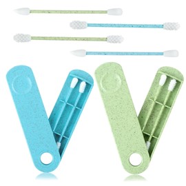 GWAWG 4 PCS Reusable Cotton Buds Reusable Swab Double-Ended Spiral with 2 Travel Holder Green and Blue for Ear Cleaning Make Up,ect