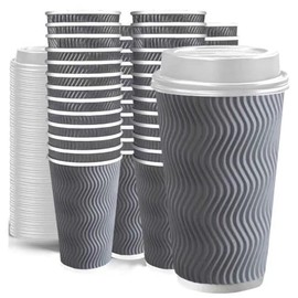 LEAGIM 100 Set - 16 oz Coffee Cups with Lids, Disposable Insulated Corrugated Paper Cups, Double Wall Ripple To Go Cups for Hot Drinks, Chocolate, Cocoa (Grey)
