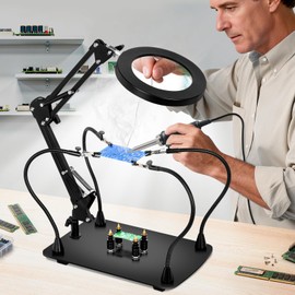 KUVRS 10X Magnifying Glass with Light and Stand, 2,200 Lumens 3 Color Stepless Dimming Lighted Magnifier Light, 4 PCB Pillars & Soldering Helping Hands Magnifying Lamp for Craft Electronic Project