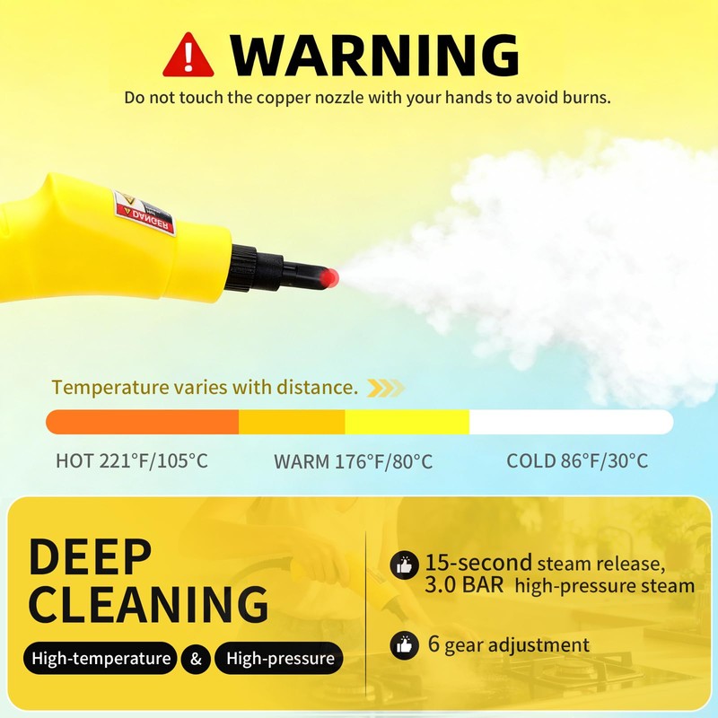Steam Cleaner, High Pressure 15s Fast Heat, 6-Level Adjustable Handle,