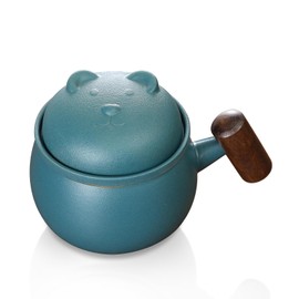 fanquare Portable Ceramic Tea Cup 8.8oz Bear Lid Tea Bowl with Wood Handle, Infuser, Tea Strainer and Portable Bag for Outdoor Use, Mini Tea Set, Green