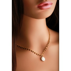 Black Spinel Micro Faceted Diamond Cut Gold Beaded Necklace with Fresh Water Coin Pearl and Rhinestone Spacer Extendable Chain (26" + 2" Extension)