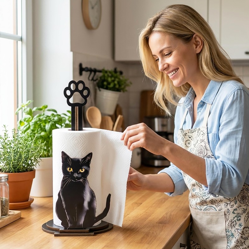 Black Cat Paper Towel Holder - Wooden Paw Kitten Decorative