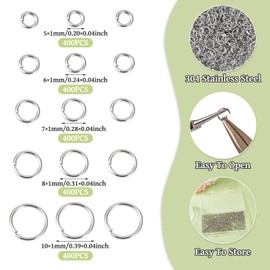 2000 Pcs Stainless Steel Jump Rings 5mm 6mm 7mm 8mm 10mm for Jewelry Making 18 Gauge Open Jump Rings for Necklaces Repair DIY Crafts Chainmail Chains Layer Bracelet Earrings Making