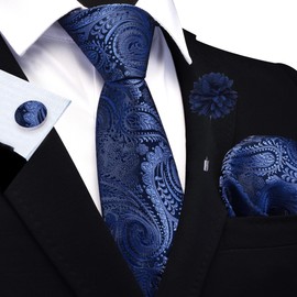 GUSLESON Navy Blue Tie for Men Paisley Wedding Silk Necktie Pocket Square Cufflinks and Lapel Pin Brooch Set (6111-11)