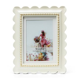 Wontree Wavy 5x7 Picture Frame White with Gold Beaded Trim, Resin Frame with Real Glass, Display 5x7 Photos Matted to 4x6, Vertical and Horizontal Desk Tabletop or Wall Hanging