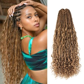 Boho Crochet Braids Human Hair 18 Inch Goddess Box Braids Crochet Hair for Black Women Human Hair Curls Pre looped Synthetic Boho Box Braid Crochet Hair Extensions(Brown, 77Strands)