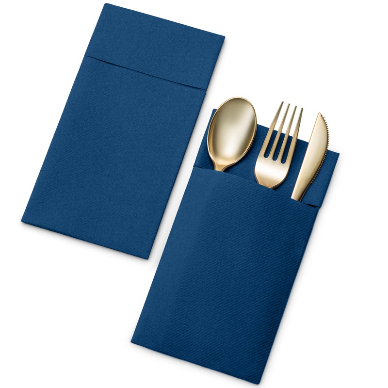 Disposable Linen-Feel Dinner Napkins With Built-in Flatware Pocket, 50-Pack BLUE