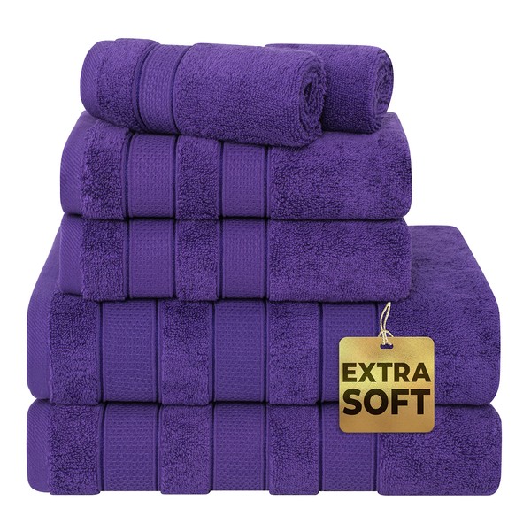 American Soft Linen Salem Bath Towel Set, 6 Piece Towels for Bathroom, 100% Turkish Combed Zero Twist Cotton, 2 Bath Towels 2 Hand Towels 2 Washcloths, Purple
