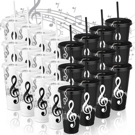 Skylety Music Themed Gifts Musical Tumbler Cups Bulk 24 oz Reusable Musical Note Plastic Tumbler with Straw and Lid Keychain Gifts for Music Lover Party Favor (Black,White,24 Sets)