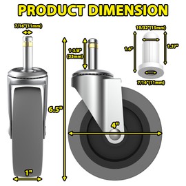 4 Inch Swivel Stem Caster Wheels, 7/16-Inch Stem Diameter Rubber Castors, Heavy Duty TPR Replacement Wheels for Utility Carts Rubbermaid Mop Bucket Shop Vac Weber Grills - 4 Pack