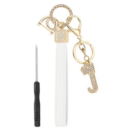 PATIKIL Leather Wristlet Keychain, Crown Design Initial Letter J Keychains with Key Ring and D Ring Car Keys Keychain Decorative Alphabet Key Chain for Bag Backpack DIY, Gold Tone