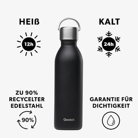 Qwetch - Water Bottle 600 ml Stainless Steel Black Active - Thermos Flask Made from 90% Recycled Stainless Steel - 24 Hours Cold & 12 Hours Hot - Insulated Flask, Leak-Proof, BPA-Free and Compact
