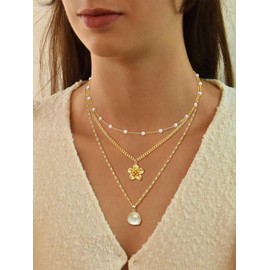 ASCOMY Gold Necklace for Women 14K Gold Plated Layered Necklaces Stackable Layering Pearl Choker Cuban Chain Flower Paperclip Shell Necklace Stacking Gold Choker Necklaces Trendy Jewelry Gift for Her