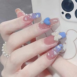 Gentle flashing diamonds aurora butterfly pink purple gradient long ballet trapezoid false nails Coffin Fake Nails Press On Nails (Blue gradient clouds painted bow pearls)…