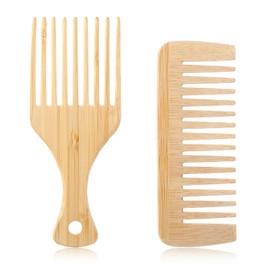 2 PCS Wooden Pick for Hair & Beard Pick, Bamboo Wide Tooth Comb Set, Anti-Static Hair Pick Comb for Curly Hair, Wooden Hair Pick for Detangling & Styling for Men & Women