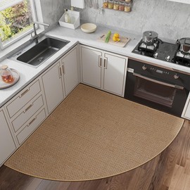 BANEBOR Non-Slip Corner Kitchen Rug - Super Absorbent Braided Floor Mat for Sink Areas, Washable Circular Sector Mat with Rubber Backing, Imitation Linen Kitchen Carpet (Beige, Radius 47'')