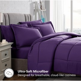 American Home Collection Comforter Set, Medium Weight - Down Alternative - Ultra Soft Microfiber - Full/Queen Size 3 Pieces Set with 1 Comforter and 2 Pillow Shams (Full/Queen, Purple)