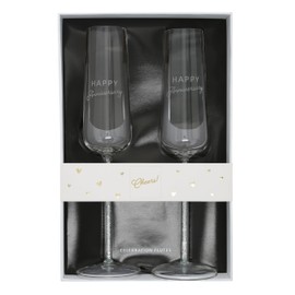 Pavilion Gift Company - Happy Anniversary - Set Of 2 7 Oz Stemmed Champagne Flute Drinkware Glasses Wife Husband Couple Anniversary Celebration Party