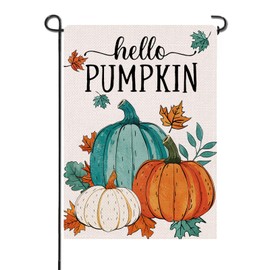 Artofy Fall Hello Pumpkin Small Decorative Garden Flag, Teal White Autumn Thanksgiving Yard Lawn Outside Decor, Seasonal Maple Leaves Burlap Outdoor Home Decoration Double Sided 12 x 18