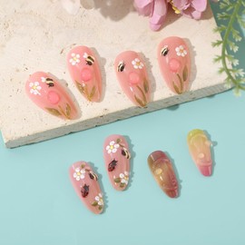 3D Handmade Press on Nails Medium Almond Fake Nail with 3D Bee Insect Tulip Daisy Designs Gradient Summer Floral False Nails Acrylic Glue on Nail Full Cover Artificial Stick on Nail for Women 24 PCS