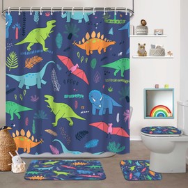 KINUUIS 4 Pcs Blue Dinosaur Bathroom Set Little Boy Cartoon Cute Shower Curtain Sets with Non-Slip Rugs Toilet Lid Cover and Bath Mat Set, Toddler Kids Boy Bathroom Decor with 12 Hooks