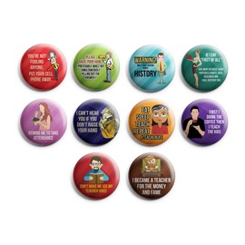 Creanoso Funny Sarcastic Teacher Button Pins (1 Set x 10 Buttons) - Stocking Fillers Premium Quality Gift Ideas for Kids, Teens and Adults - Giveaways and Party Favors