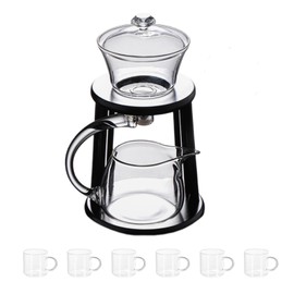 Fire Kirin Lazy Kungfu Glass Tea Set, Semi Automatic Drip Rotating Glass Teapot Suit, Home/Office Wooden Teapot with 6pcs Cups (CLEAR, Teapot set)