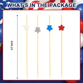 100PCS Star Cocktail Picks 4.7 Inch, Red White Blue Patriotic Toothpicks Bamboo Appetizer Toothpicks Food Picks for 4th of July Independence Day Party Food Decoration Supplies(Star)