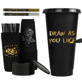 Olavon 24 Pcs Plastic Tumbler with Lid and Straw, 24 oz Reusable Coffee Cups Set, Tumbler Bulk for Beach Party Travel Employee Picnic Holiday (Black)