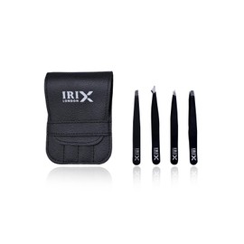Irix London Professional Precision Tweezers Kit – 4PCS Slanted, Pointed, Angled & Flat Tips – Stainless Steel Multipurpose Tool for Eyebrow Shaping – Black with Leather Case