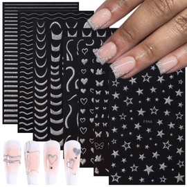 8 Sheets Shiny French Tip Nail Art Stickers 3D Silvery Butterfly Nail Decals Self-Adhesive Glitter Star Nail Stickers Lines French Nail Tip Design Acrylic Nail Art Supplies for Women DIY Manicure