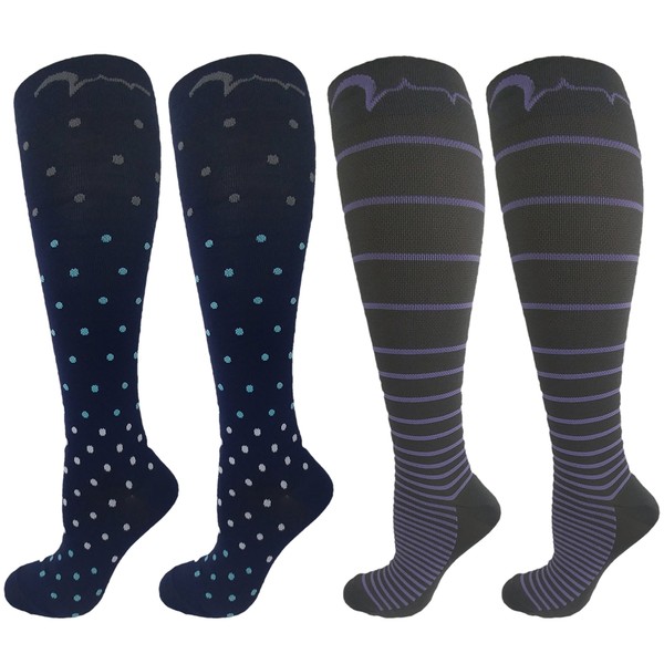 4 Pair Compression Socks Best for Athletics, Runners, Nurses, Shin-Splints, Travelers, Surgery, Recovery, Diabetes, Varicose Veins (2 Pair Fun Polka Dot Socks, 2 Pair Bold Grey Striped Socks) Small