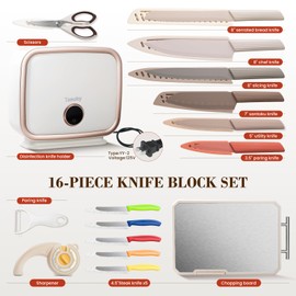 XXV 17Pcs Knife Set with Block & Sharpener,Kitchen Knives Block with Drying Function and Plug, German Stainless Steel Chef Knife Set with Bag,Dishwasher Safe Knives Set for Kitchen,Camping