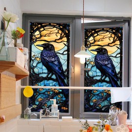 WBQMUNY Window Privacy Film Crow Stained Glass Window Film Window Frosted Glass Window Cling Privacy Film Heat Blocking Static Cling Day and Night Home Door Window Coverings 17.7"x39.5" (BL172)
